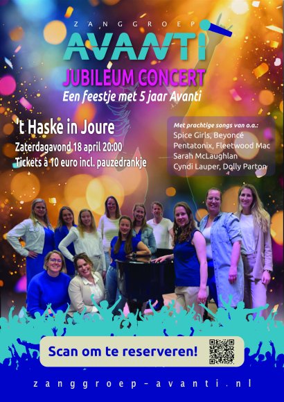 Avanti - Poster Jubileum Concert 2026.jpg Poster jubileumconcert 5 jaar Zanggroep Avanti